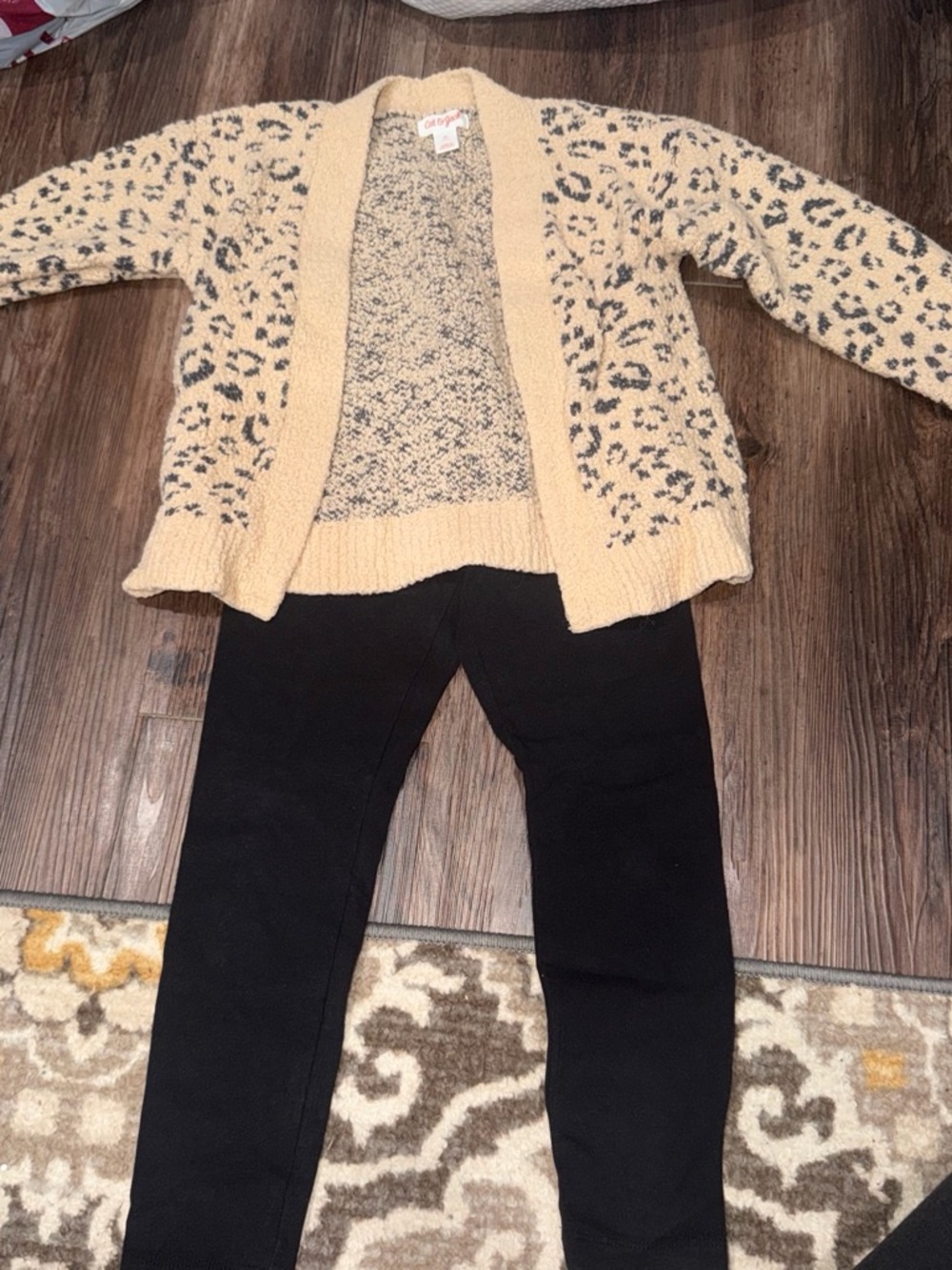 Kids Cozy Open-Front Leopard Cardigan Jacket - Cream/Black